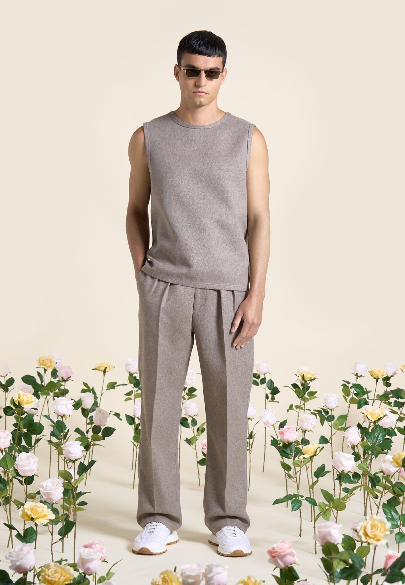 Pierre - Relaxed Fit Textured Pleated Tailored Trousers - Taupe Male Product Image