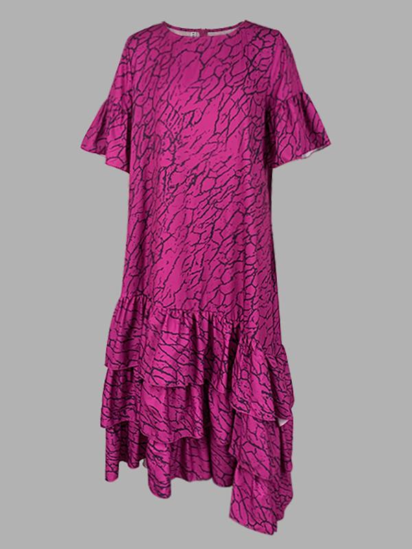 Flared Sleeves Half Sleeves Asymmetric Layered Pleated Printed Ruffle Trim Round-Neck Maxi Dresses Product Image