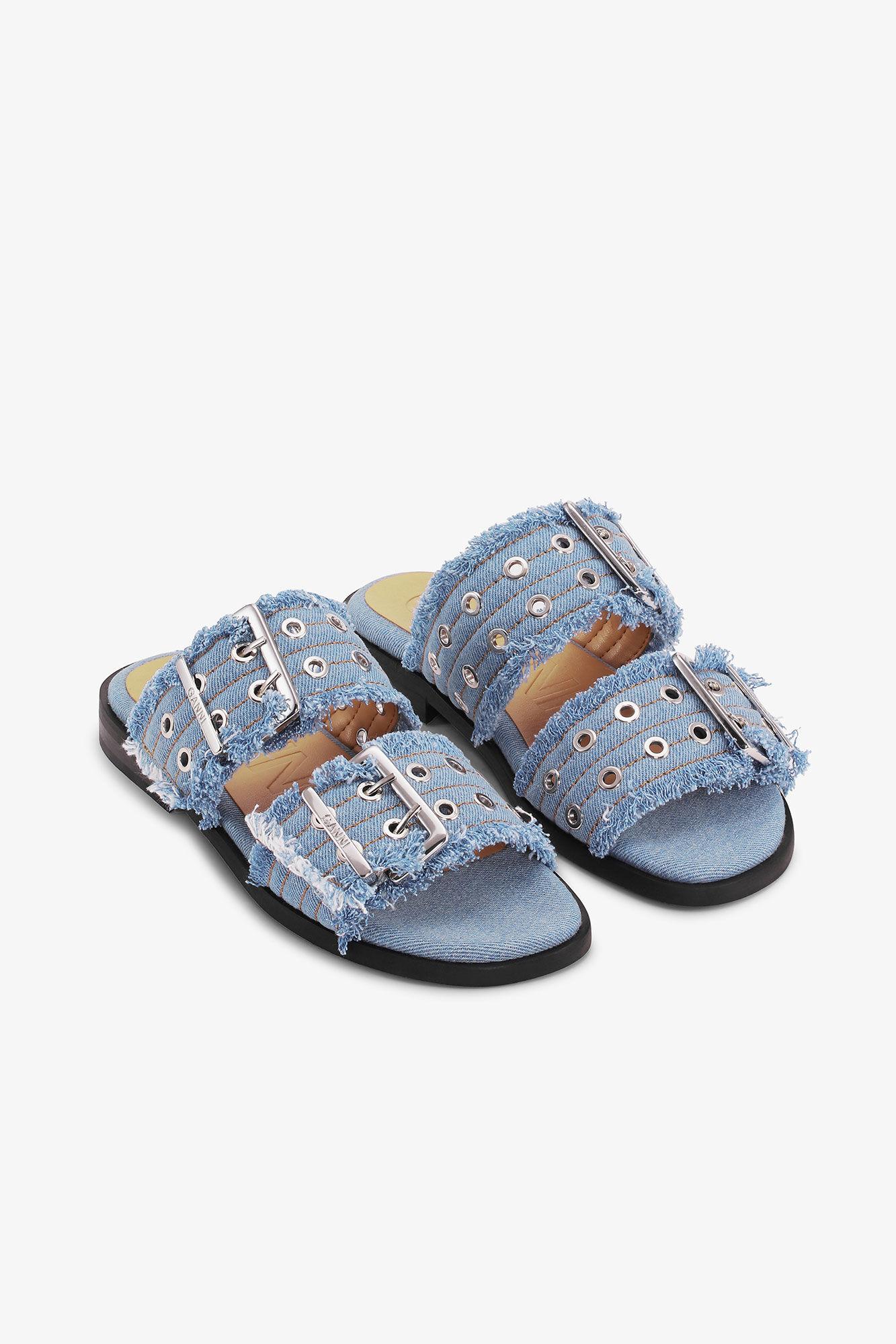 Blue Denim Feminine Buckle Two-Strap Sandals Product Image