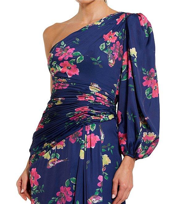 Mac Duggal Floral One Shoulder One Long Sleeve High Front Slit Gown Product Image