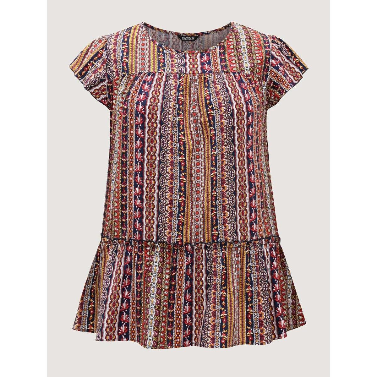 Plus Size Midnight Boho Stripes Tiered Ruffle Blouse Women Cap Sleeve Round Neck Vacation Blouses BloomChic 12/L Product Image