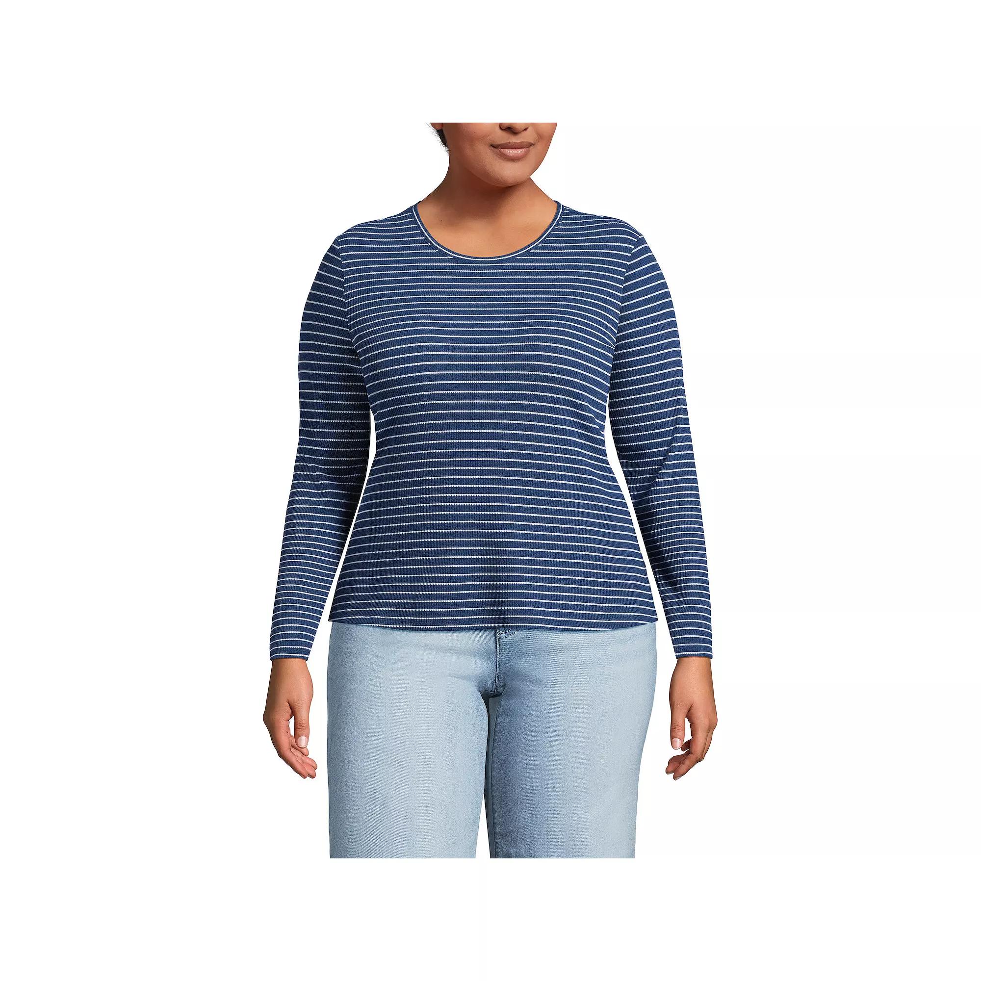 Plus Size Lands' End Long Sleeve Baby Waffle Crewneck T-Shirt, Women's, Size: 2XL, Gray Breton Stripe Product Image