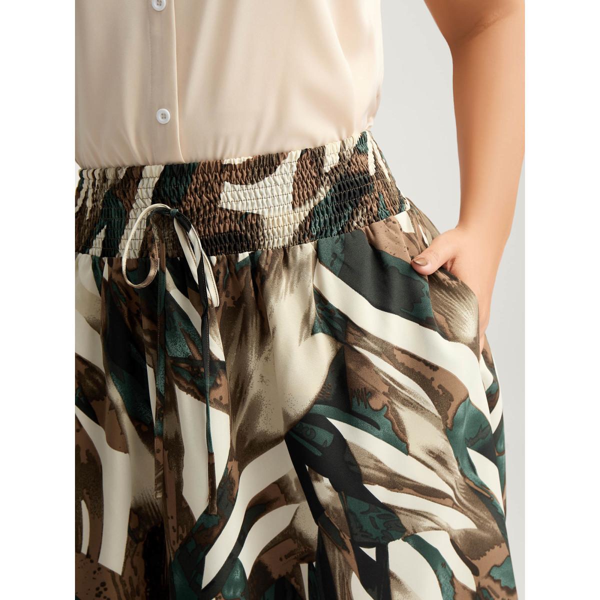 Plus Size Brushstroke Print Stretchy Waist Midi Skirt Women Apricot Office No stretch Side seam pocket Office Skirts BloomChic 12/L Product Image