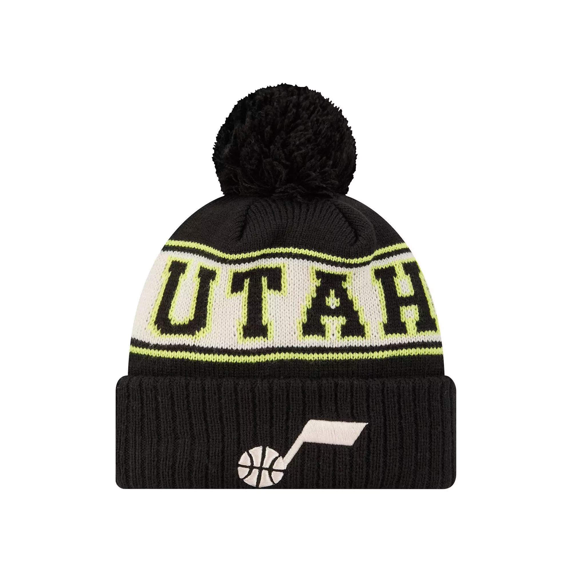 Men's New Era Black Utah Jazz Throwback Retro Cuffed Knit Hat with Pom, Jaz Black Product Image