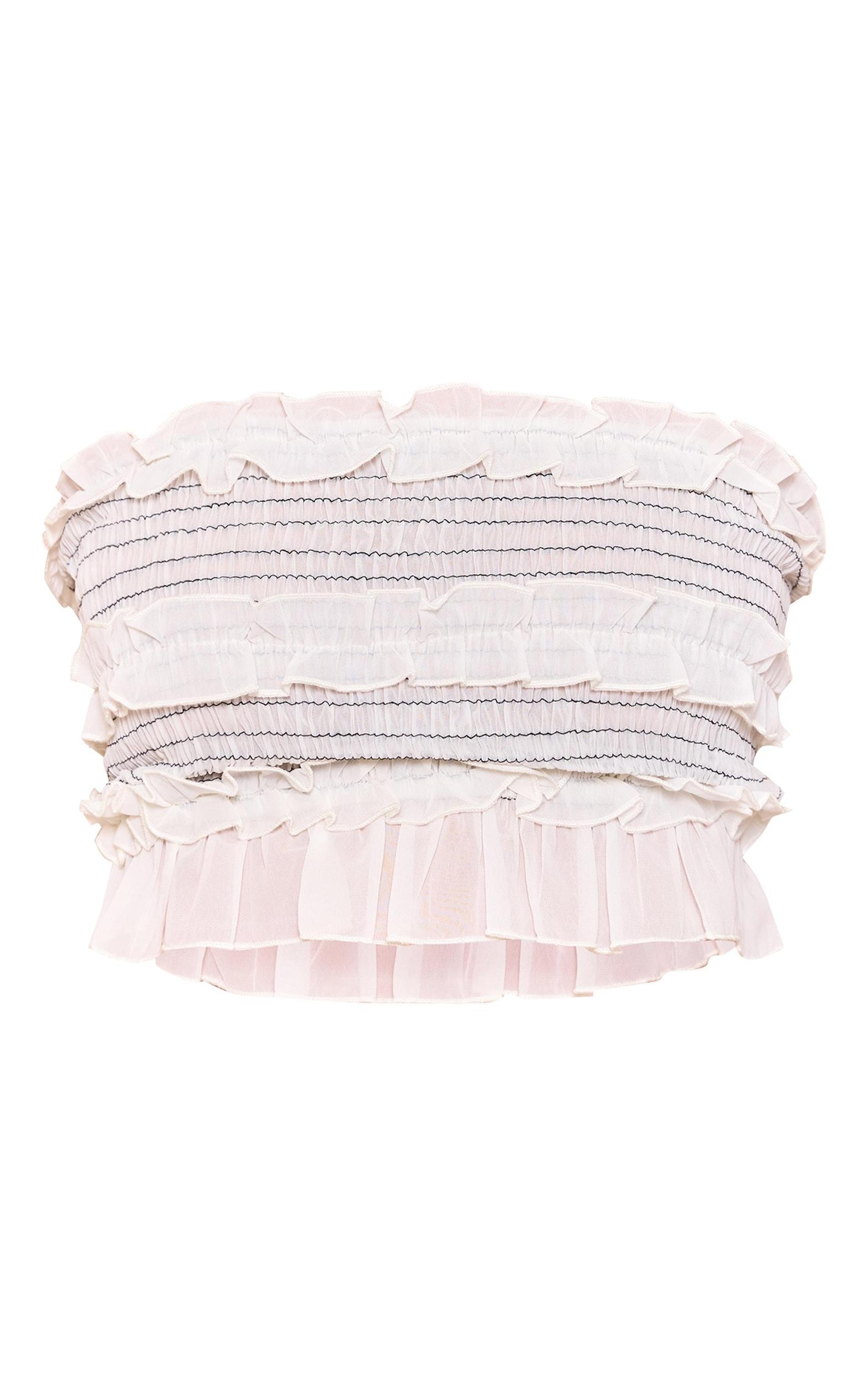 Cream Chiffon Contrast Stitch Shirred Bandeau Crop Product Image