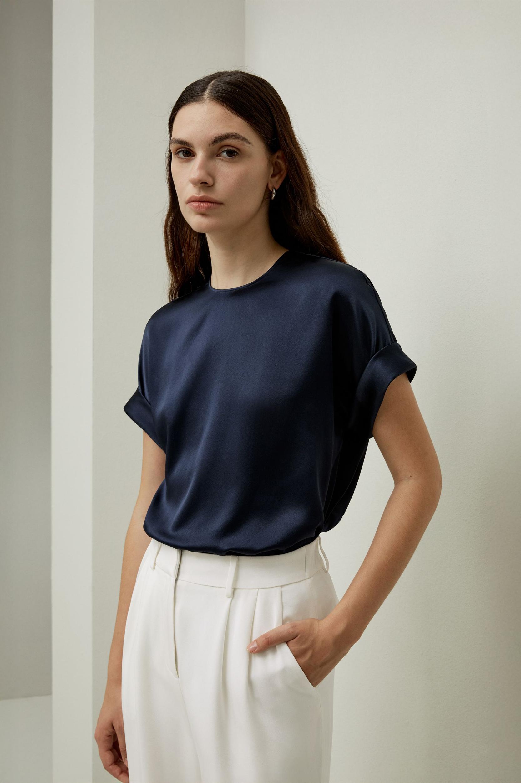 LILYSILK T Shirt Silk - Womens - Navy Blue 100 Silk - Organic Oversized Tops XS Product Image