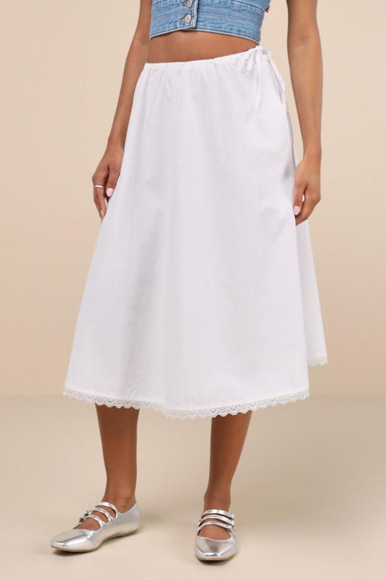 Taka White Cotton Poplin Lace Drawstring Midi Skirt Product Image