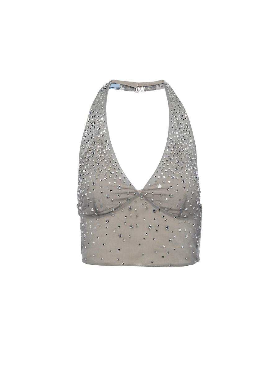 Womens Crystal-Studded Tulle Top Product Image