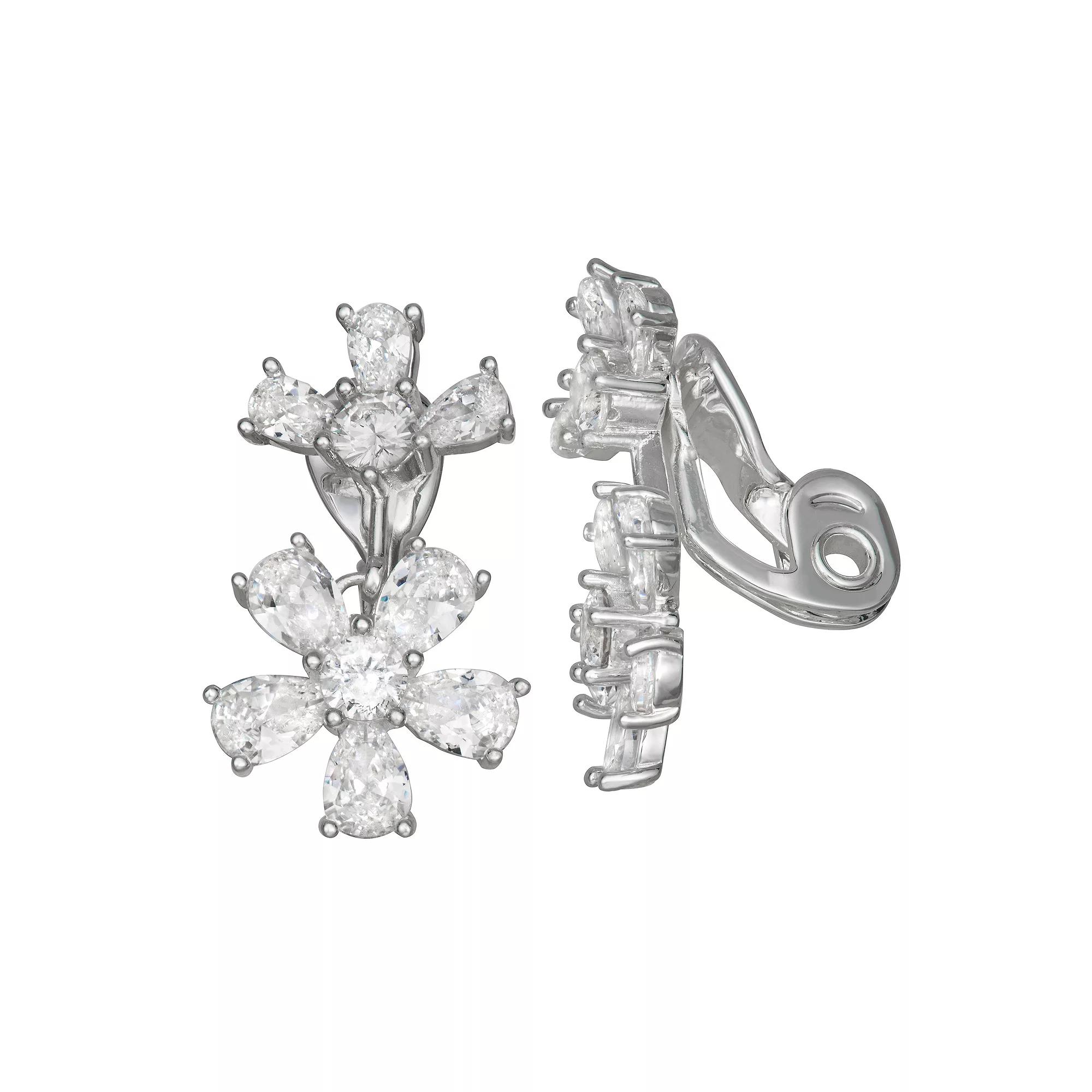 Napier Silver Tone Crystal & Cubic Zirconia Flower Drop Clip-On Earrings, Women's Product Image
