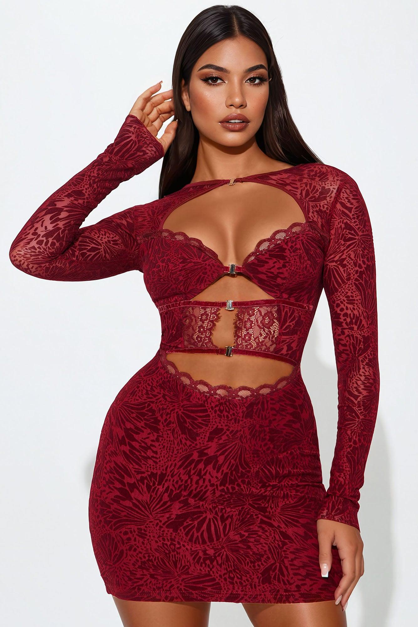 Alexa Longsleeve Mesh Mini Dress - Burgundy Product Image