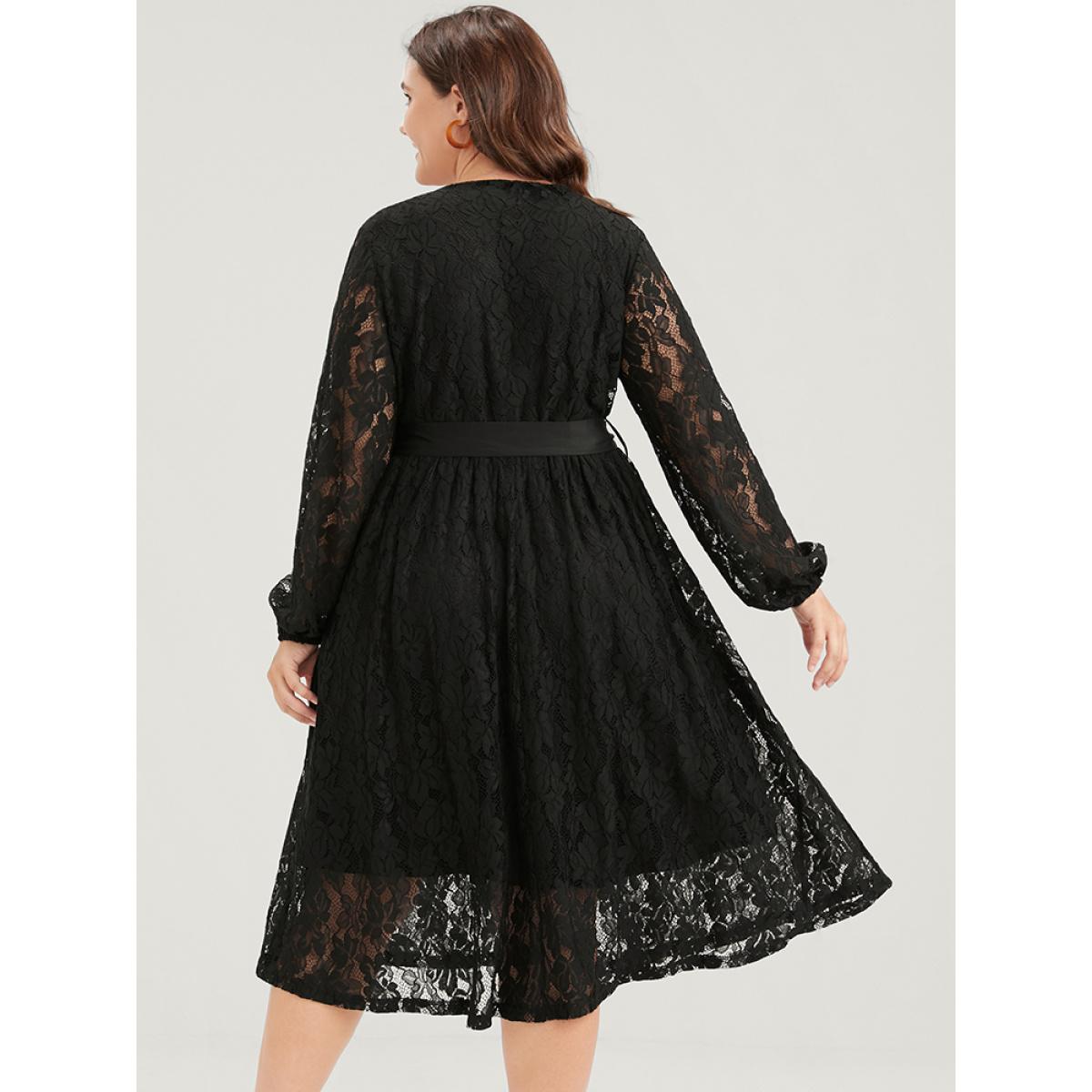 Embroidered Elegant Plus Size Women Going out Plain Midi Dress Ties Slightly Stretchy Lantern Sleeve Long Sleeve V Neck Belt Glamour Dresses BloomChic Product Image