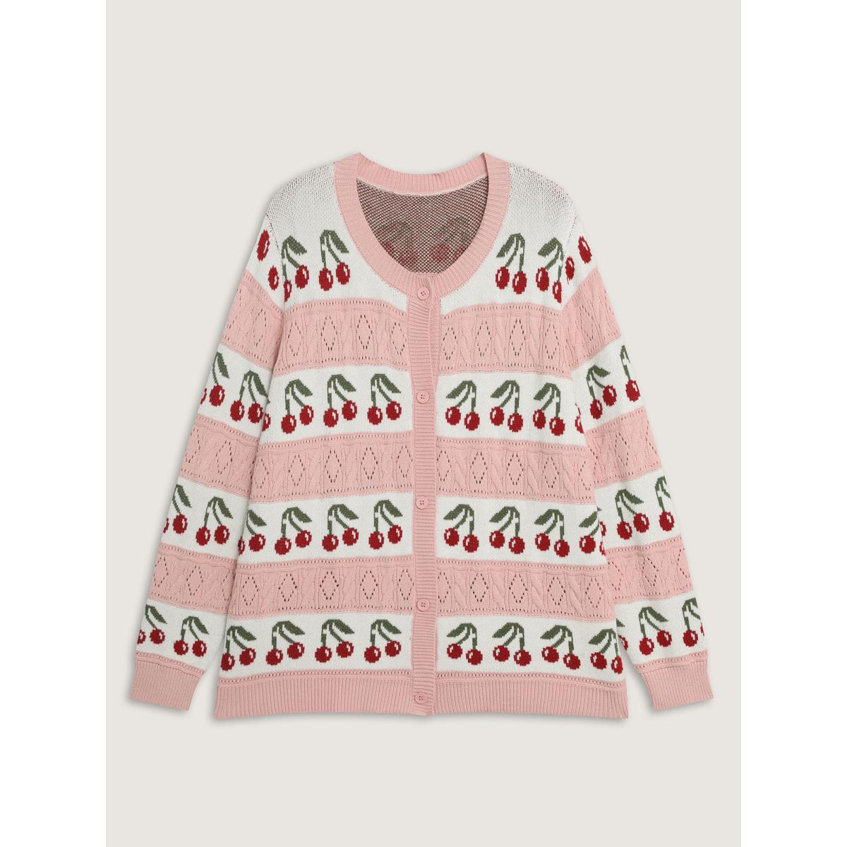 Plus Size Cherry Jacquard Print Button Knit Cardigan Nudepink Women Playful Loose Long Sleeve Casual Cardigans BloomChic 26/4X Product Image