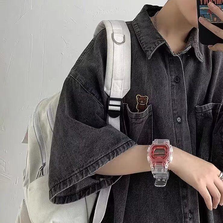 Elbow Sleeve Collared Washed Denim Shirt Product Image