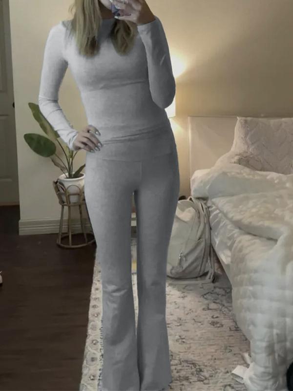 Solid Slim Long Sleeve Tee & Flare Leg Pants Set Product Image