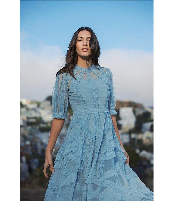 Mac Duggal Mock Neck Short Sleeve Tiered Ruffled Pleated Embellished A-Line Midi Dress Product Image