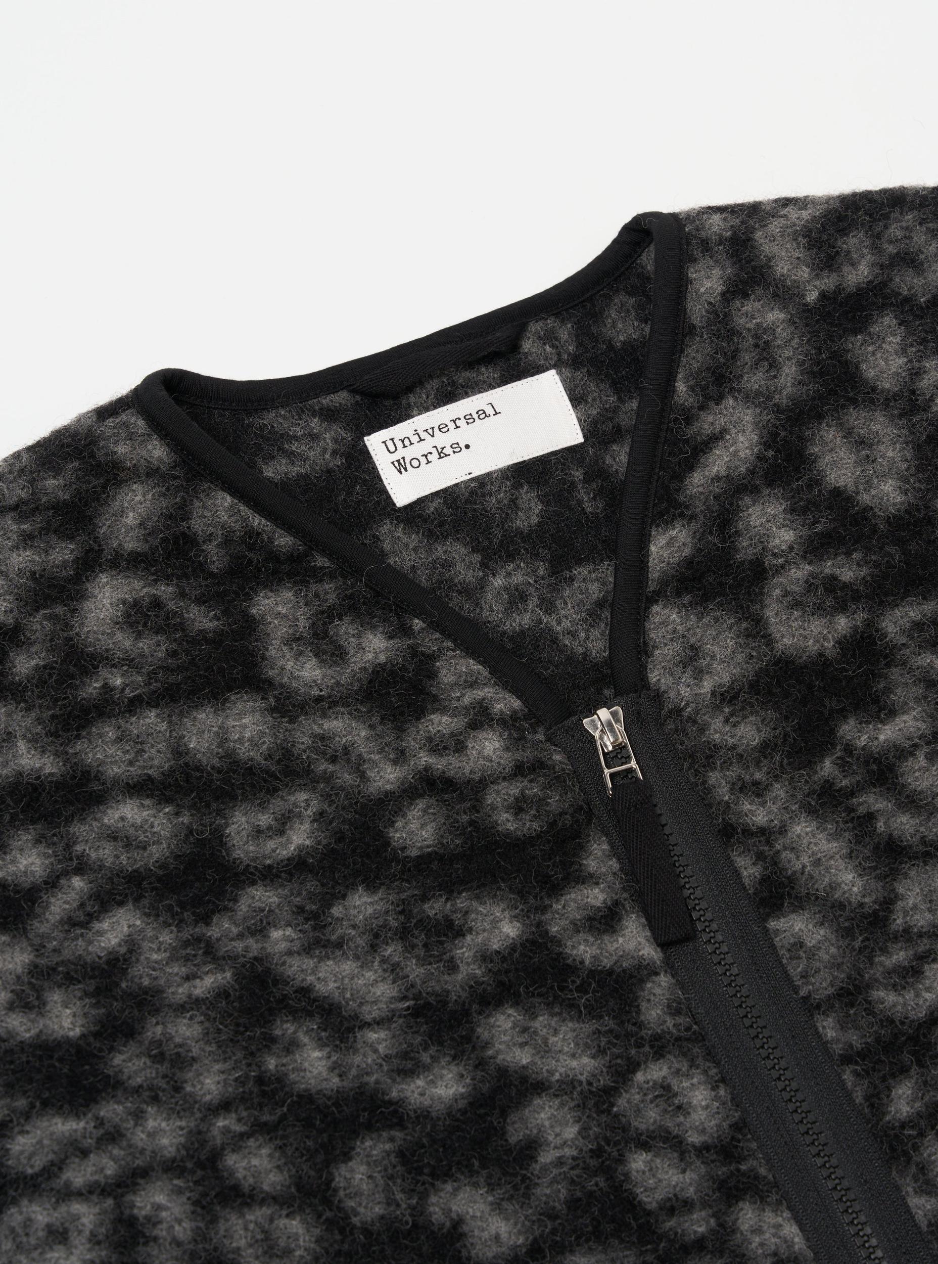 Universal Works Zip Liner Jacket in Black/Charcoal Leopard Fleece Product Image