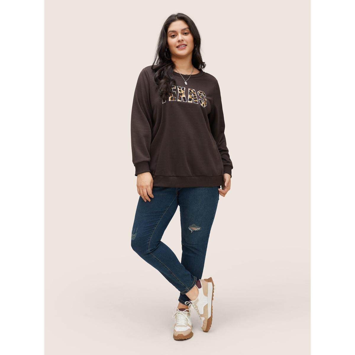Plus Size Leopard Embroidered Patch Rib Knit Sweatshirt Women DarkBrown Casual Non Round Neck Everyday Sweatshirts BloomChic 18-20/2X Product Image
