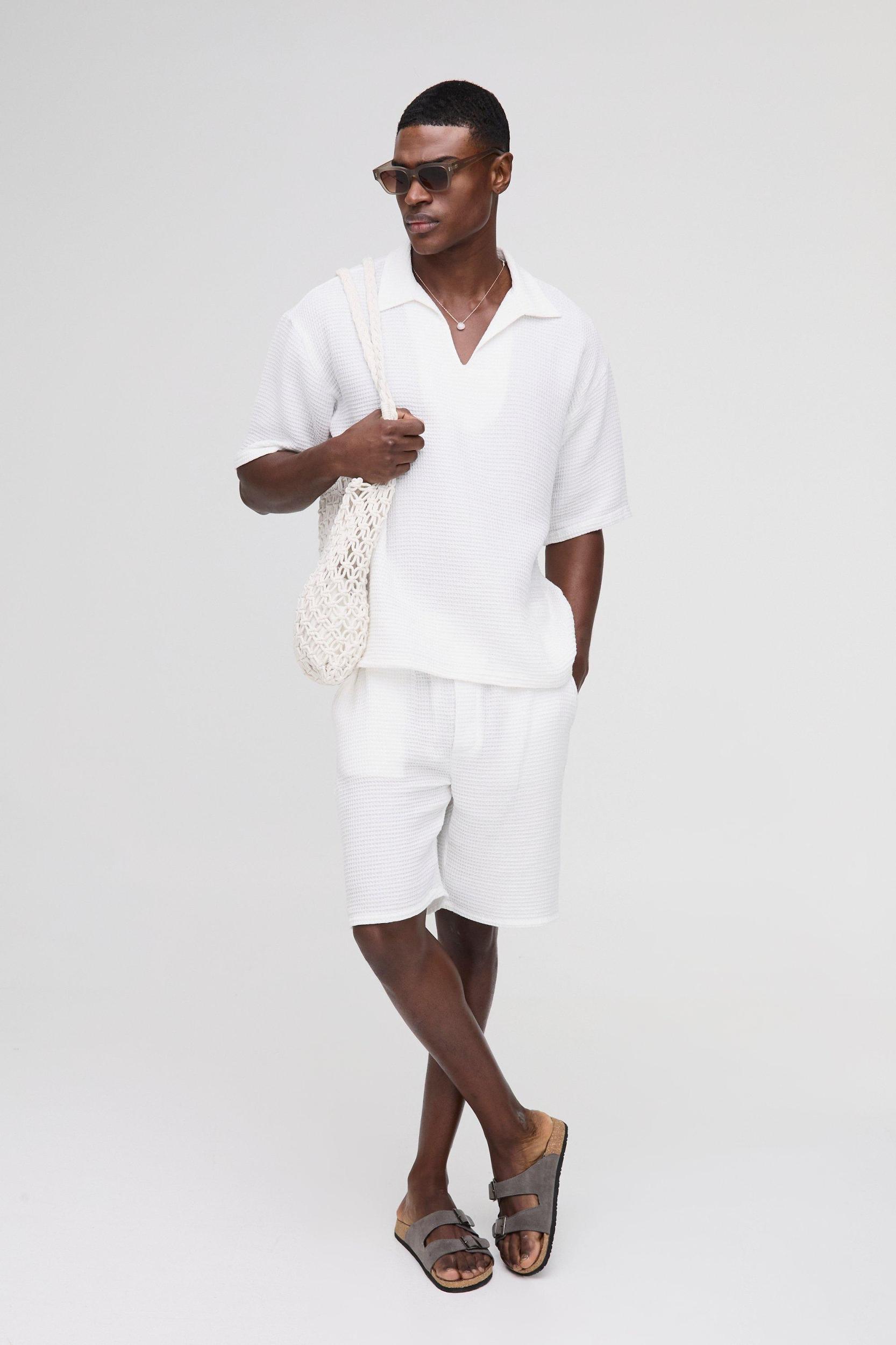 Overhead V-Neck Waffle Shirt & Short Set | boohooMAN USA Product Image
