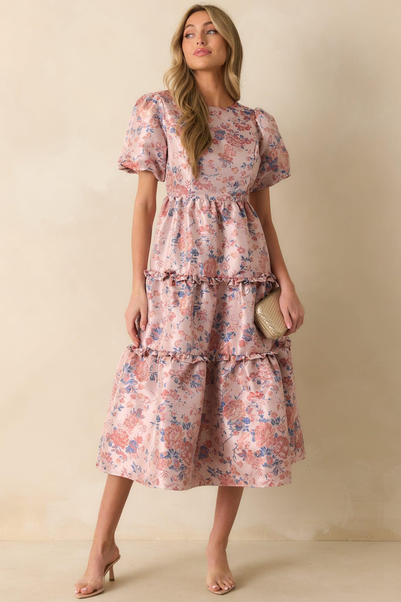 Follow My Lead Mauve Floral Jacquard Midi Dress L / Mauve Product Image