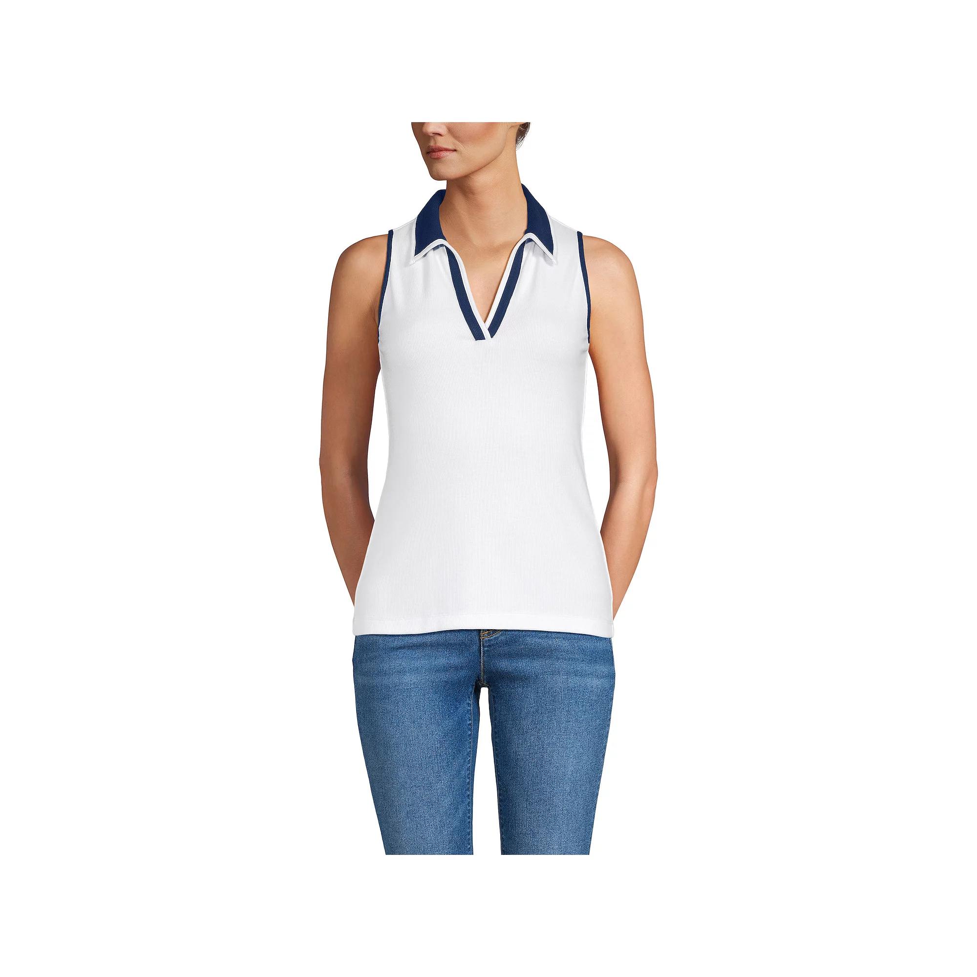 Women's Lands' End Drapey Rib Sleeveless Johnny Collar Polo Shirt, Size: Medium, White Product Image