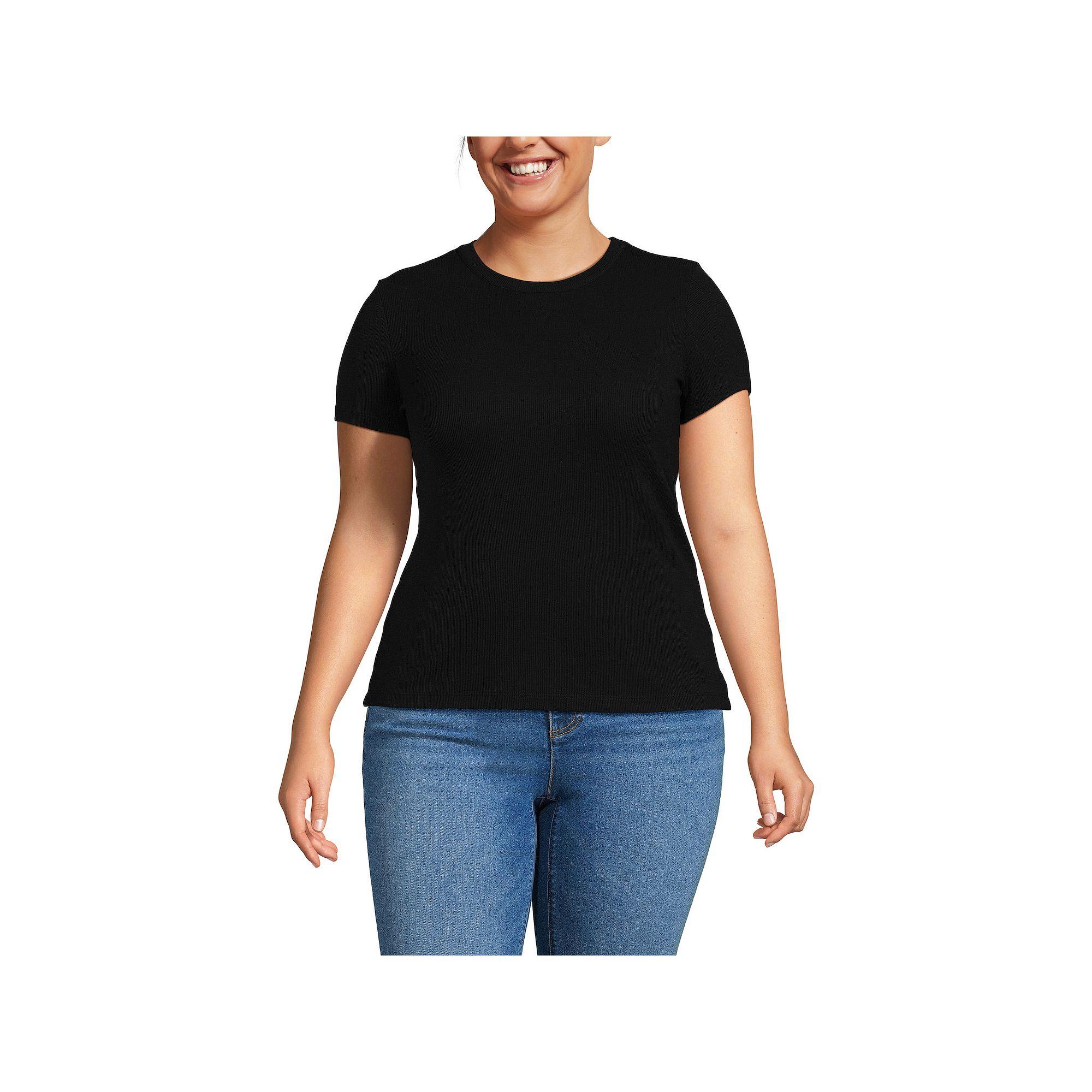 Plus Size Lands' End Drapey Rib Fitted Short Sleeve Mini T-Shirt, Women's, Size: 2XL, Black Product Image