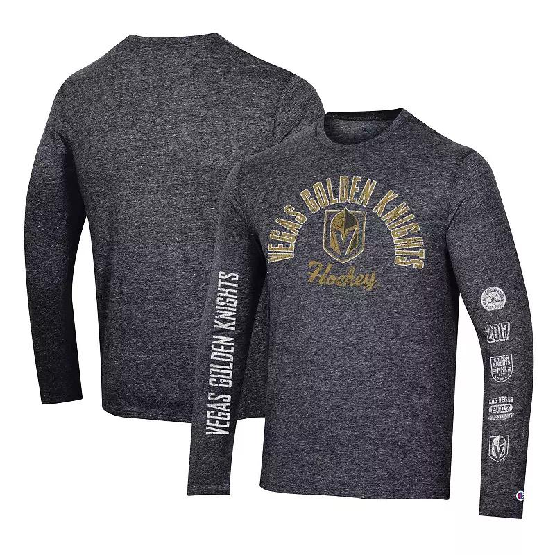 Men's Champion Black Vegas Golden Knights Multi-Logo Tri-Blend Long Sleeve T-Shirt,  Product Image