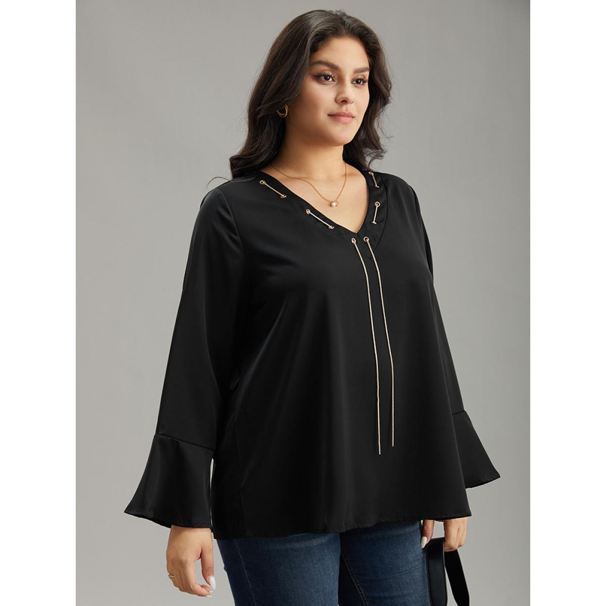 Plus Size Black Contrast Chain Bell Sleeve Eyelet Blouse Women Office Long Sleeve V-neck Office Blouses BloomChic 28/5X Product Image