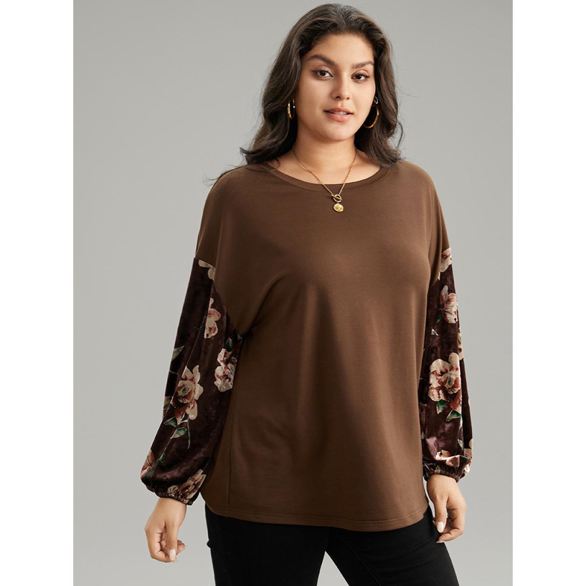 Plus Size Velvet Floral Print Patchwork Contrast Sweatshirt Women DarkBrown Casual Velvet Round Neck Dailywear Sweatshirts BloomChic 30/6X Product Image