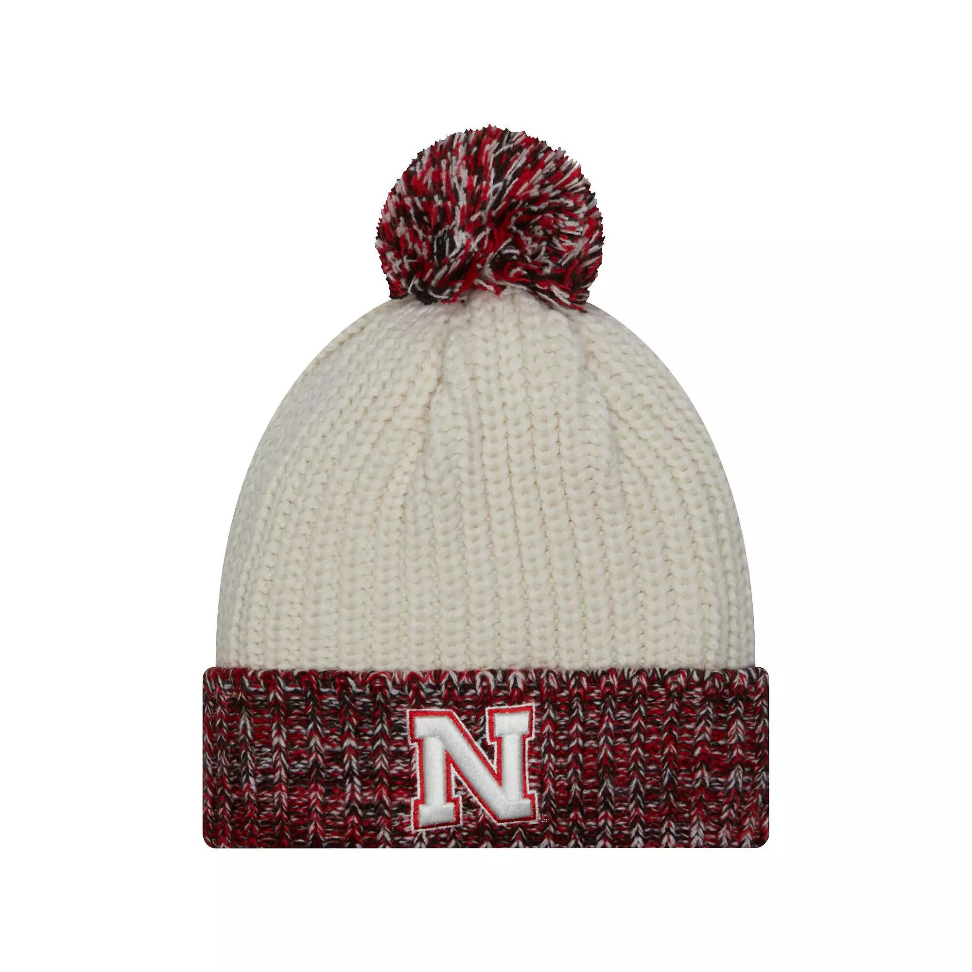 Women's New Era Cream Nebraska Huskers Fresh Cuffed Knit Hat with Pom, Beige Product Image