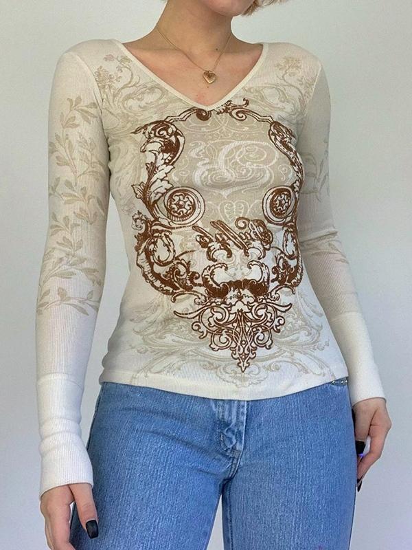 Vintage Printed V Neck Long Sleeve Top Product Image