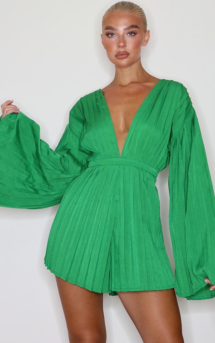 Green Plunge Pleated Romper Product Image