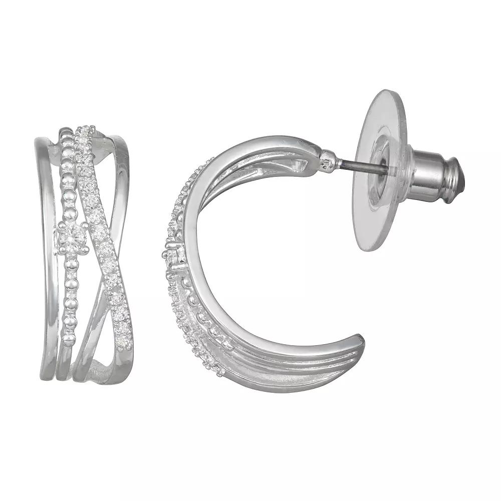 Napier Silver Tone Cubic Zirconia Braided C-Hoop Earrings, Women's, Clear Product Image