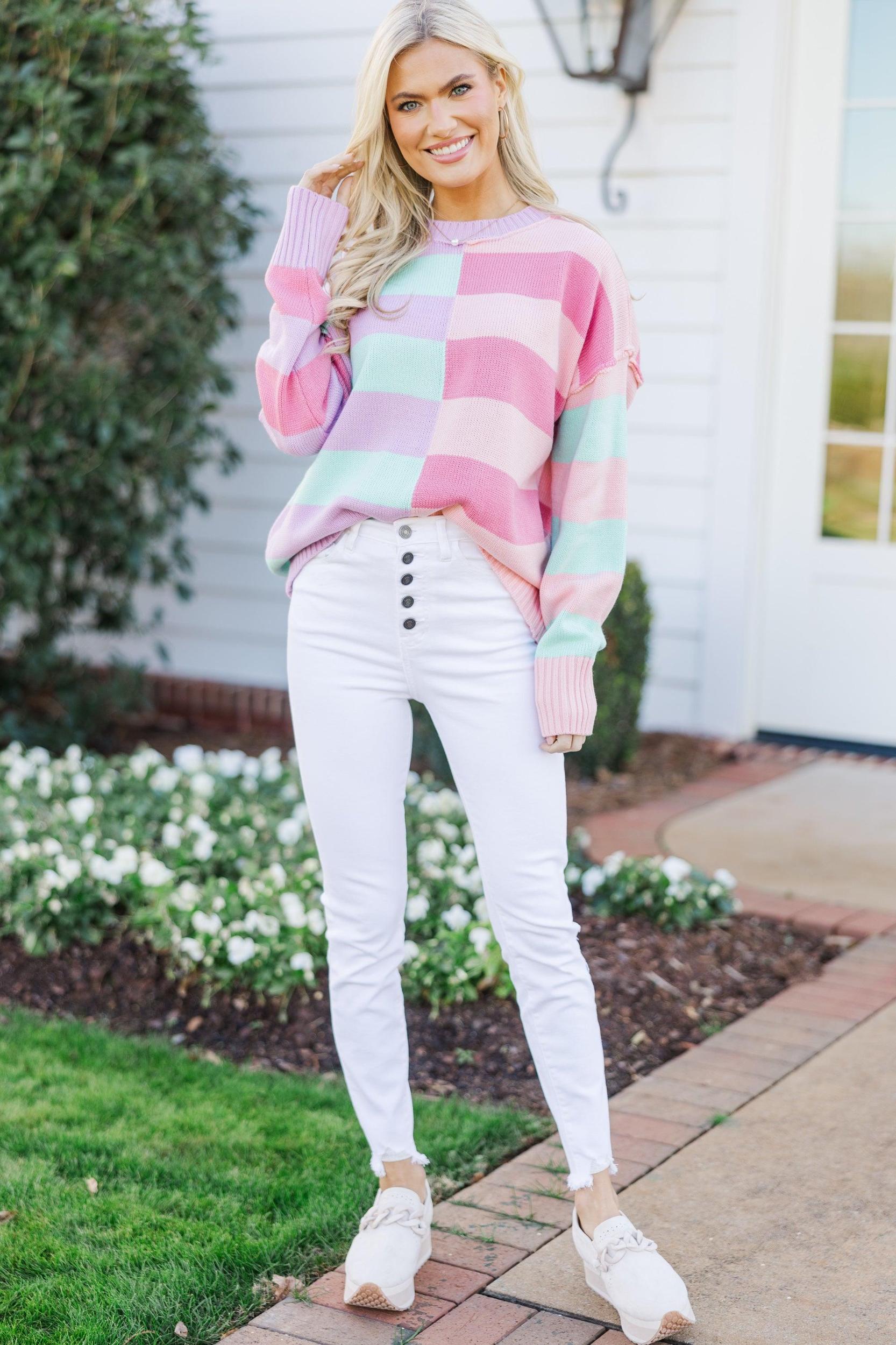 All About You Mint & Coral Striped Sweater Female Product Image