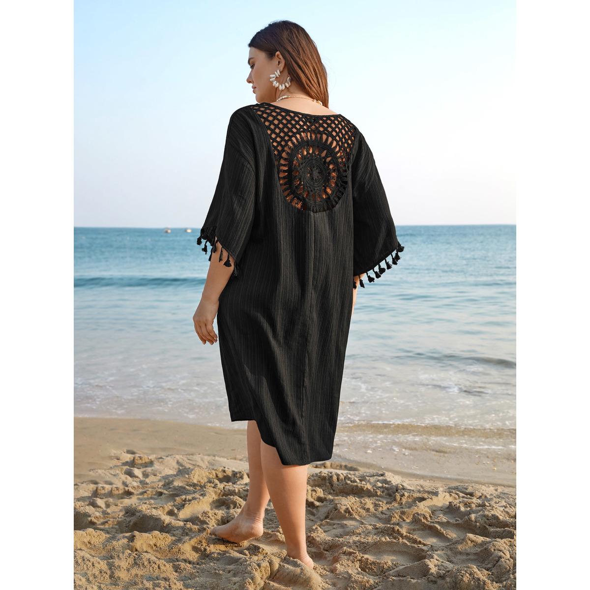 Plus Size V-Neck Cut-Out Tassels Spliced Midi Dress Black Women Resort Woven ribbon&lace trim V-neck Elbow-length sleeve Curvy BloomChic 28/5X Product Image