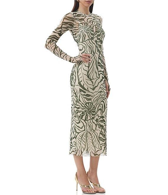 AFRM Ashland Printed Mesh Crew Neck Long Sleeves Midi Dress Product Image