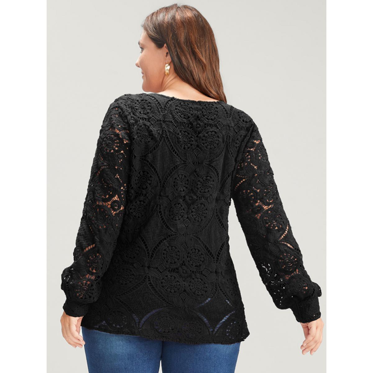 Plus Size Black Solid Crossover Hem Lace Blouse Women Glamour Long Sleeve V-neck Going out Blouses BloomChic 14-16/1X Product Image