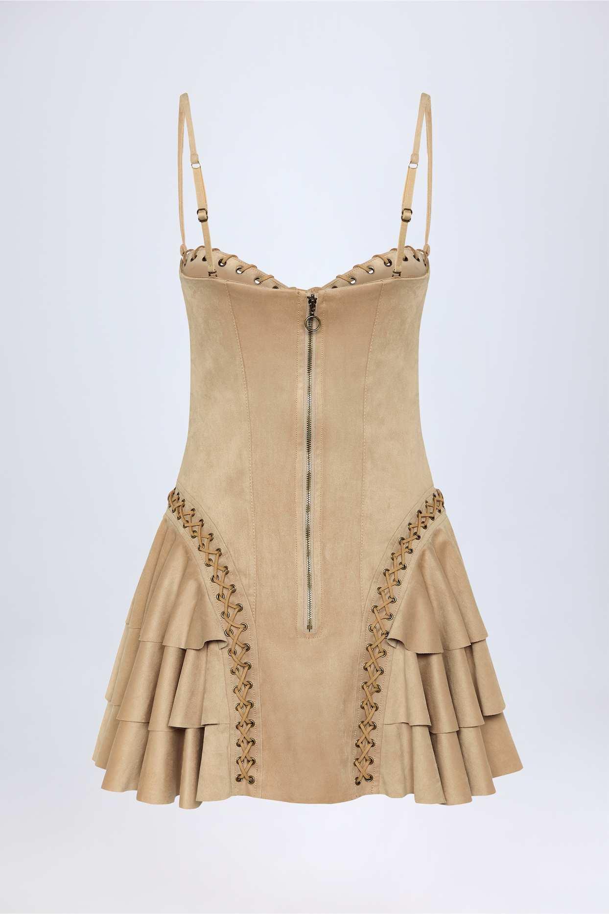 Lace-Up Tiered Corset Mini Dress in Tan Product Image