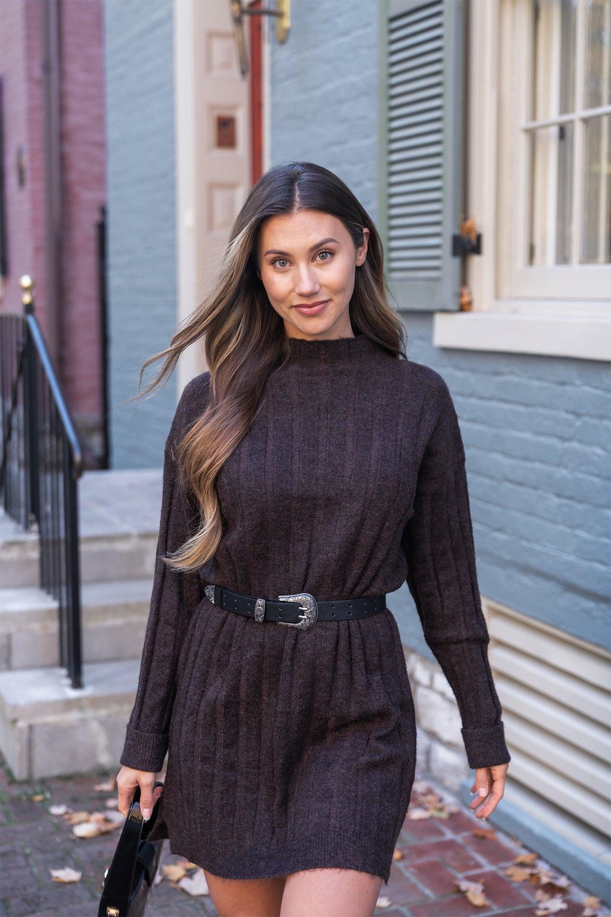 Brown Mock Neck Sweater Dress - FINAL SALE Product Image