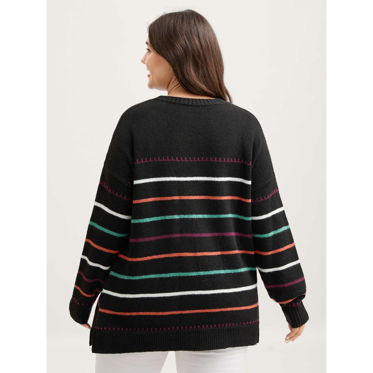 Plus Size Colorful Stripes Crewneck Fitted Pullover Black Women Playful Loose Long Sleeve Round Neck Casual Pullovers BloomChic 10/M Product Image