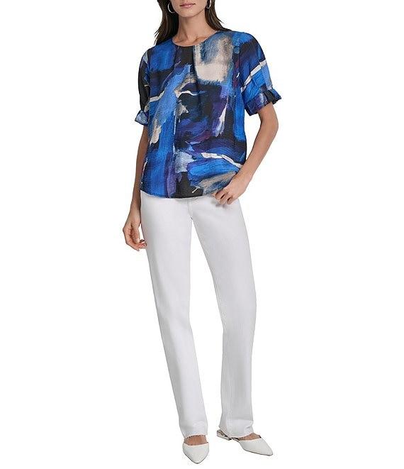 DKNY by Donna Karan Brush Stroke Print Crew Neck Rolled Puff Sleeve Blouse Product Image