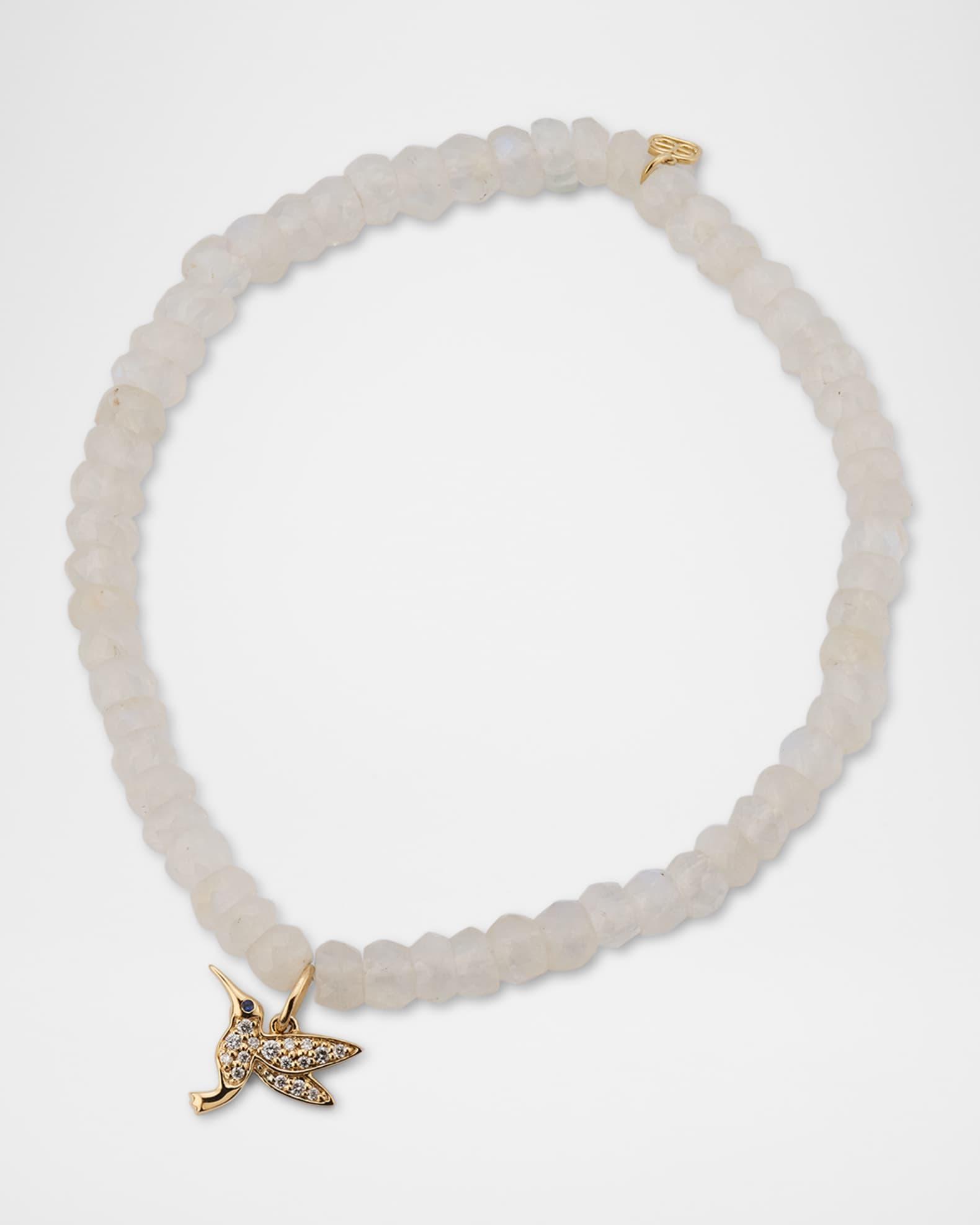 14K Gold Hummingbird Charm on Rainbow Moonstone Beaded Bracelet Product Image