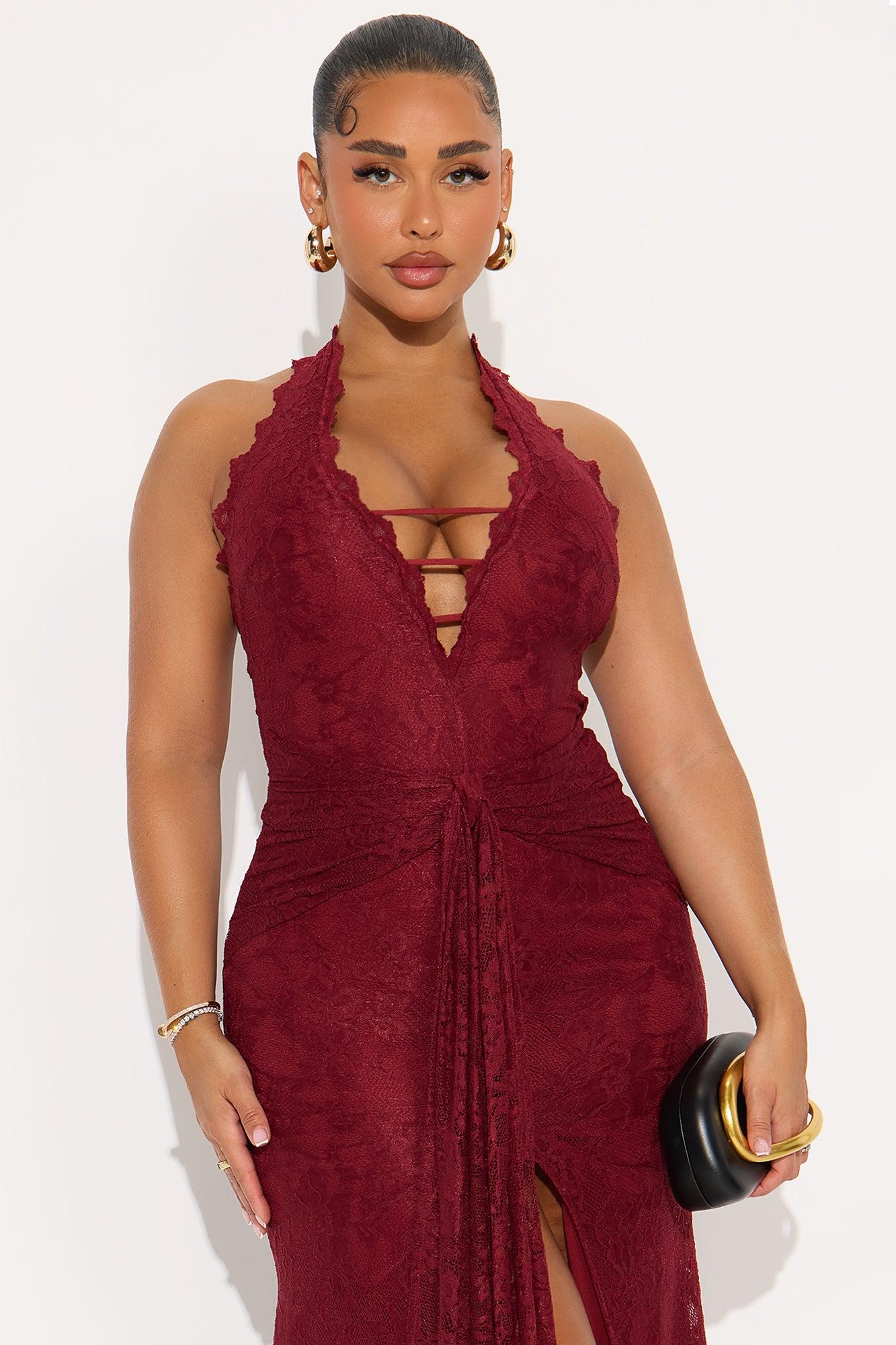 Lace Love Halter Maxi Dress - Burgundy Female Product Image