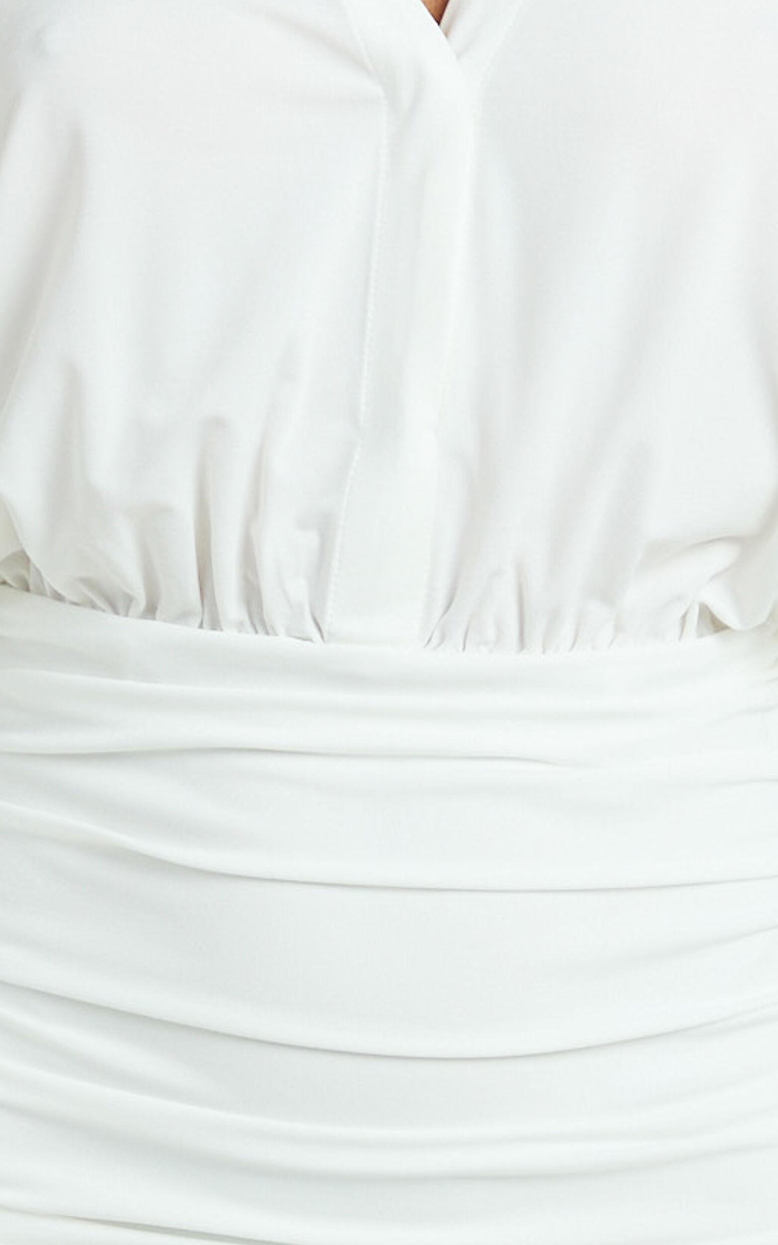 Pearce Mini Dress - Ruched Jersey Shirt Dress in White Product Image