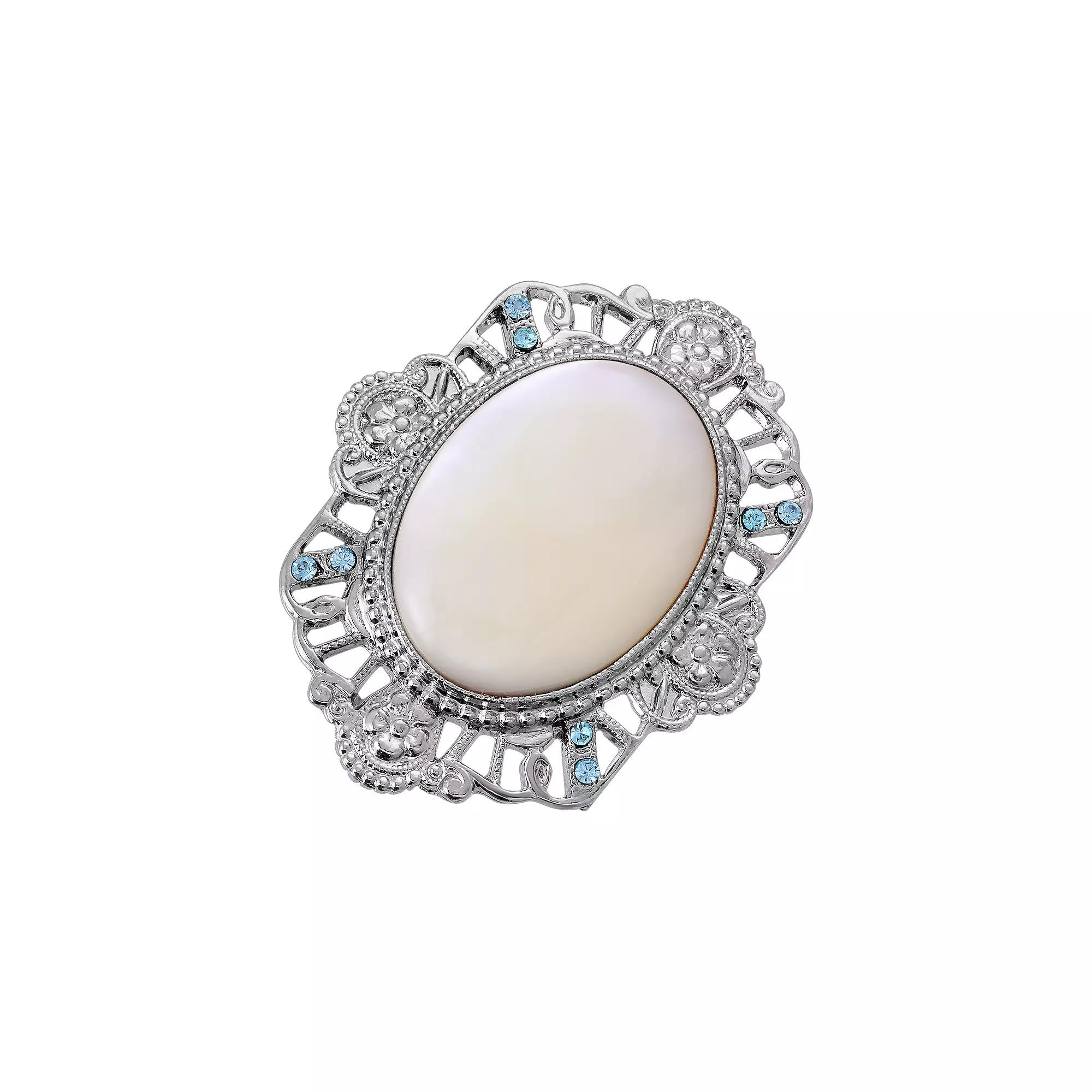 1928 Silver Tone Mother Of Simulated Pearl Oval Pin, Womens, White Product Image