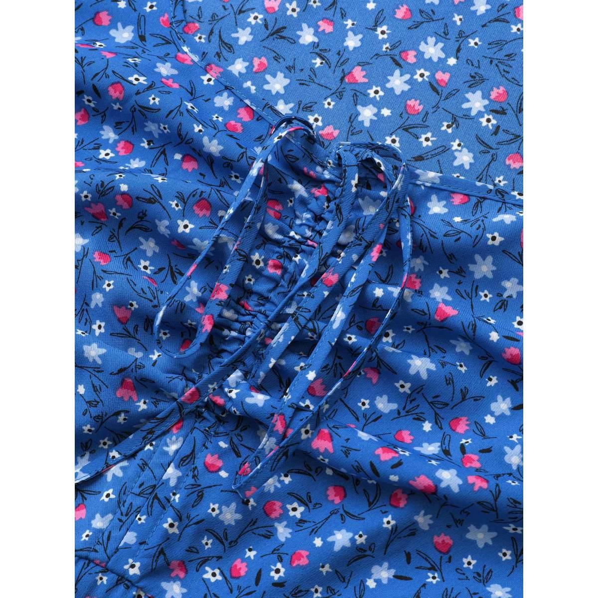 Plus Size Ditsy Floral Drawstring Shirred Cuffs Dress Blue Women Timeless Non Square Neck Half Sleeve Curvy Midi Dress BloomChic 18-20/2X Product Image