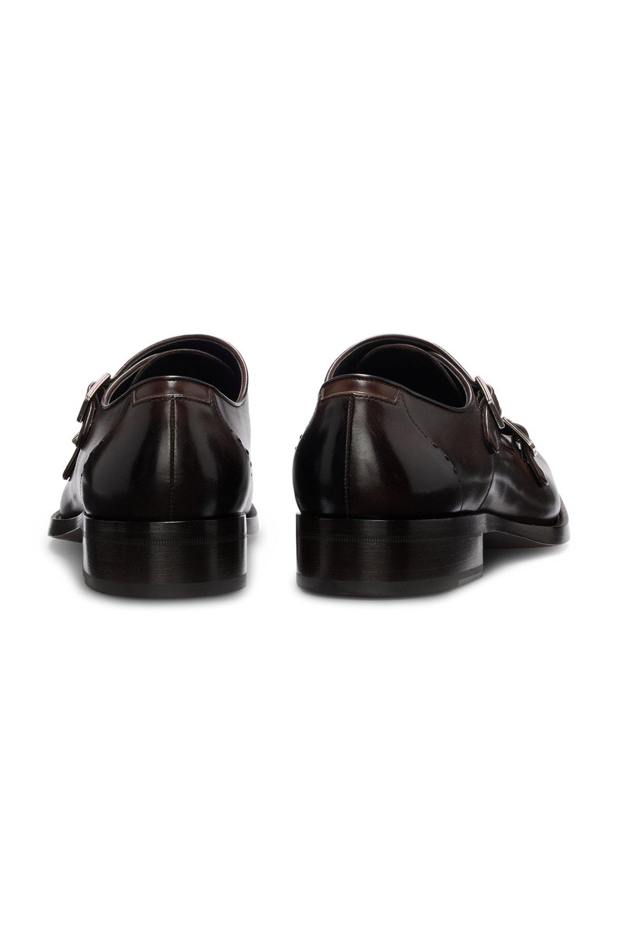 BOSS - Burnished-leather shoes with double monk strap - Dark Brown Product Image