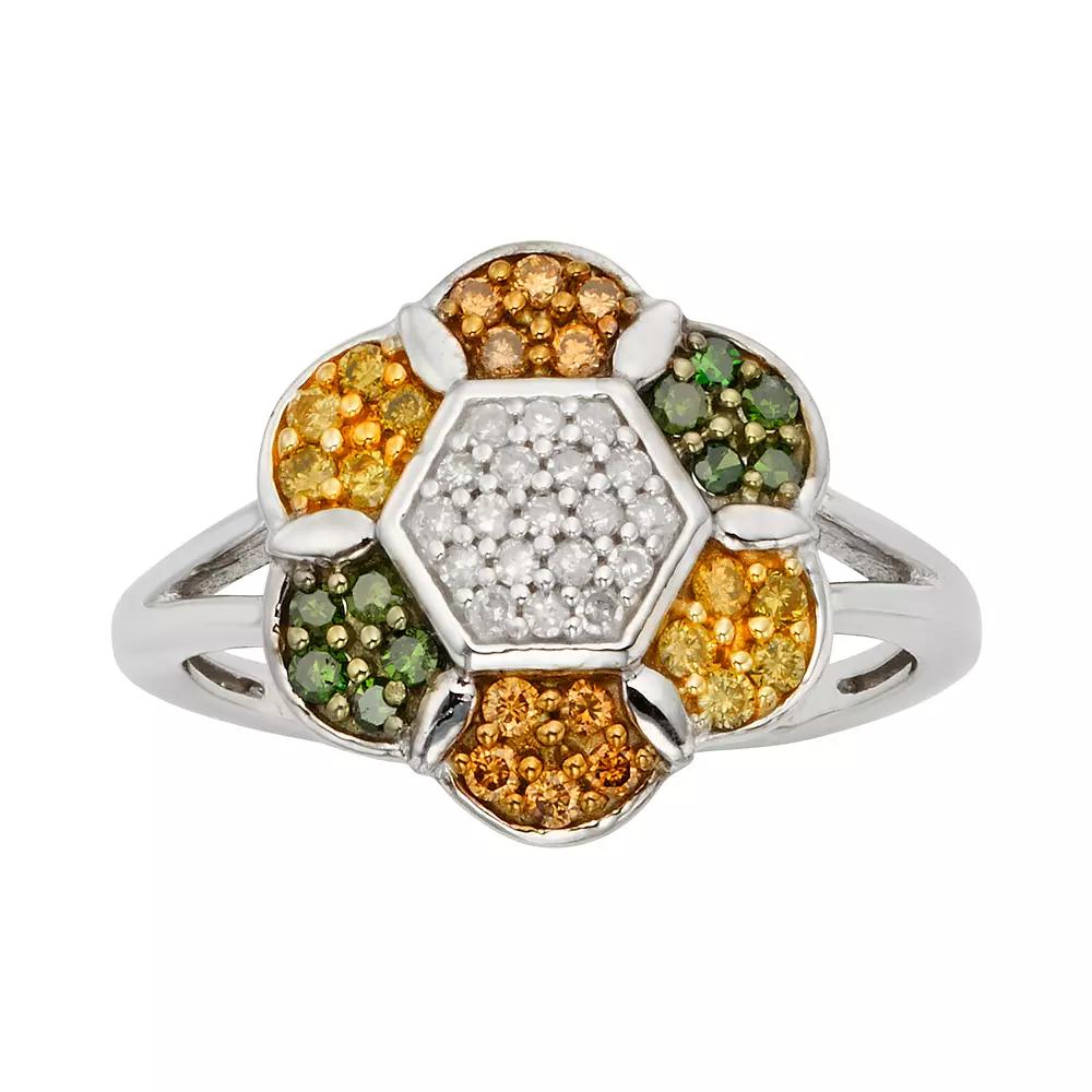 Jewelexcess Sterling Silver 1/2-ct. T.W. Green, Yellow, Champagne and White Diamond Flower Ring, Women's,  Product Image