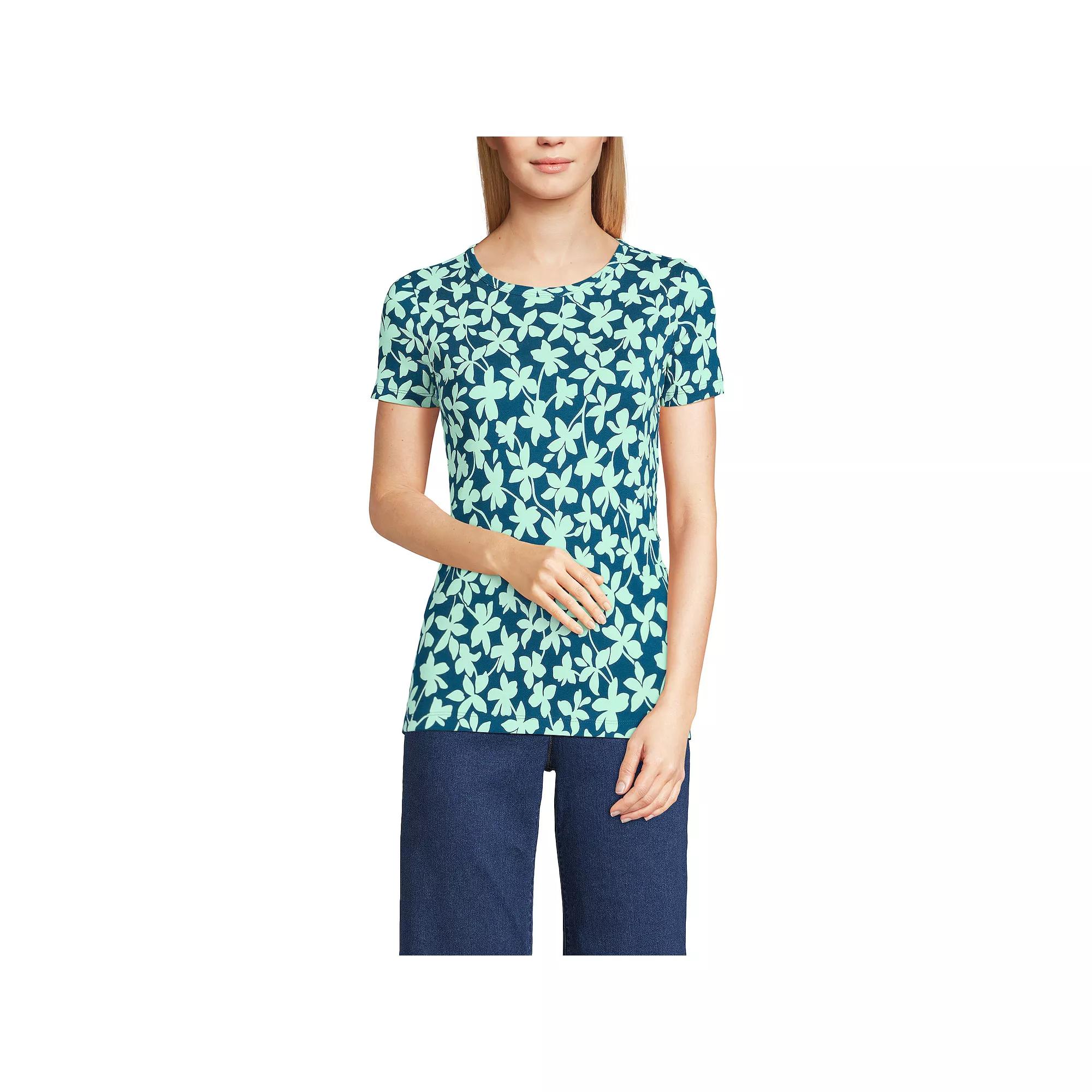 Women's Lands' End All-Cotton Crewneck Tee, Size: Medium, Blue Stencil Floral Product Image
