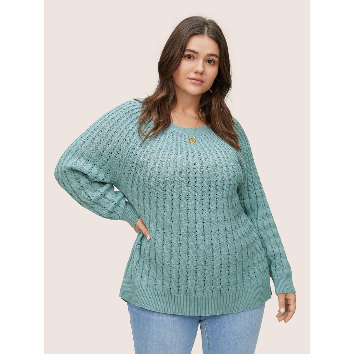 Plus Size Cotton Blended Cable Knit Raglan Sleeve Pullover Teal Women Casual Long Sleeve Round Neck Everyday Pullovers BloomChic 14-16/1X Product Image