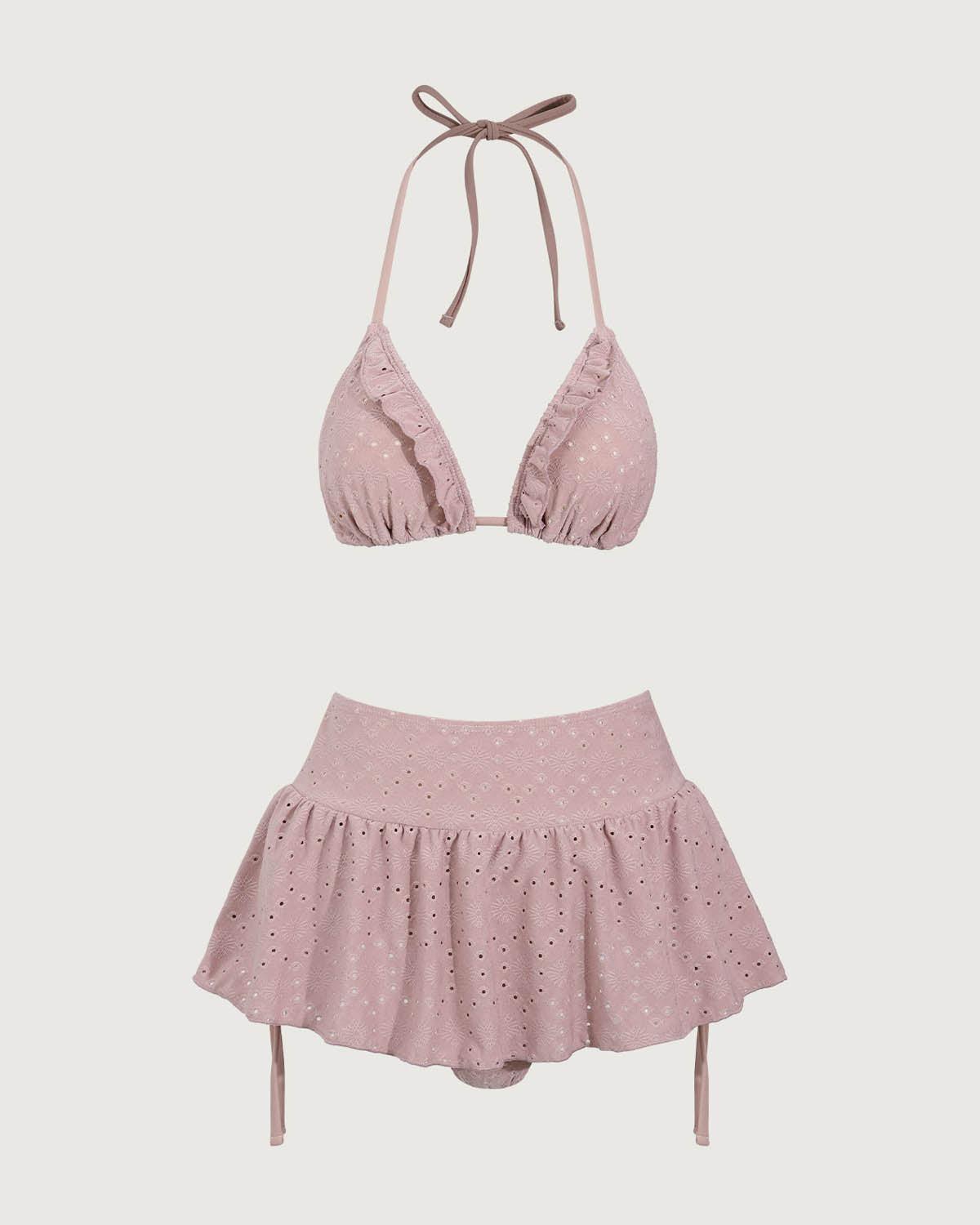 Pink Ruffle Drawstring Bikini Three Piece Suit Product Image